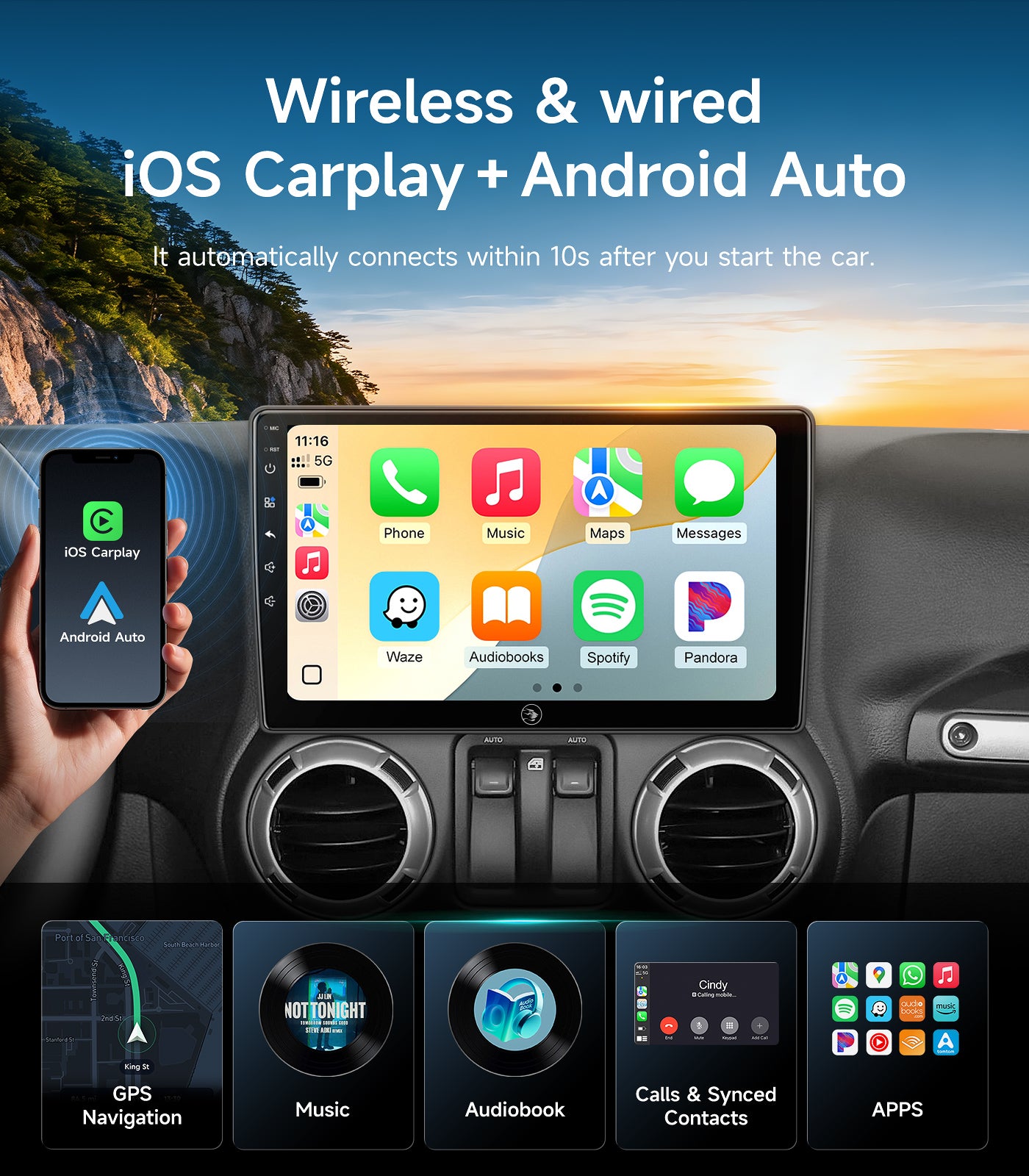 Car Radio for Jeep Wrangler JK Compass Grand Cherokee Dodge Ram Upgrade Stereo Wireless CarPlay Android Auto Touch Screen/Android13/Bluetooth/GPS Navigation/HD Backup Camera