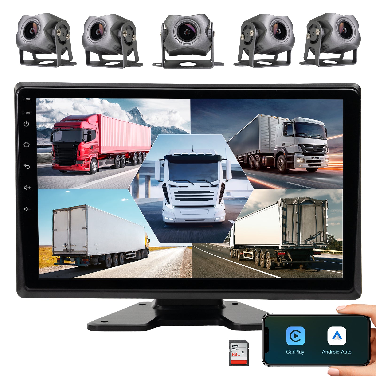 5-Channel 1080P Backup Camera Dash Cam with 10.2'' Monitor,DVR Recording Back Up Camera for RV/Truck/Van/Trailer/SUV Cars, Android.11 Car Raido with Wireless CarPlay/Android Auto/BT/FM/WiFi