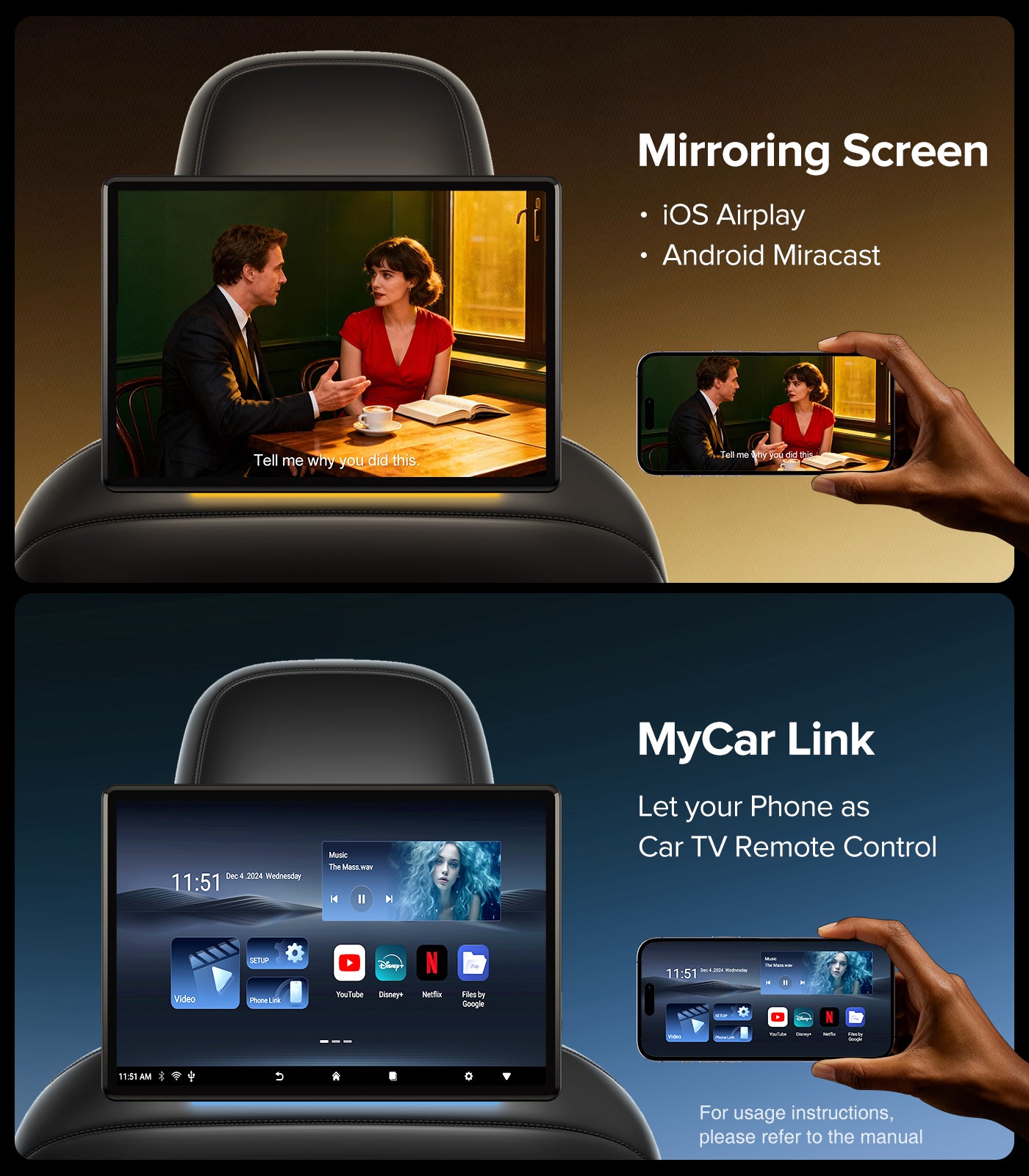 13.5" Android Car TV Headrest Monitor for Back Seat,Portable Rear Entertainment System Support Phone Wireless Mirroring 5G WiFi/HDMI/USB/Sync Touchscreen Video Players