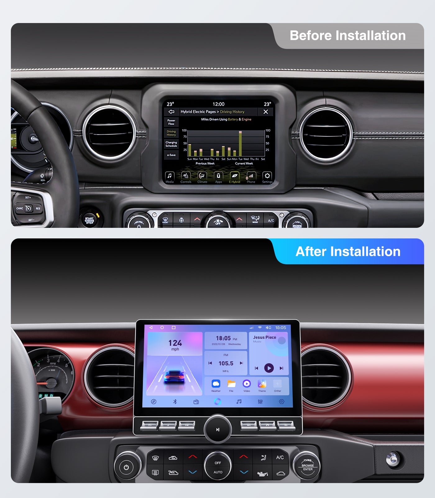 10" Single Knob keybutton Car Stereo for Jeep Wrangler JL Gladiator JT 2019-2023