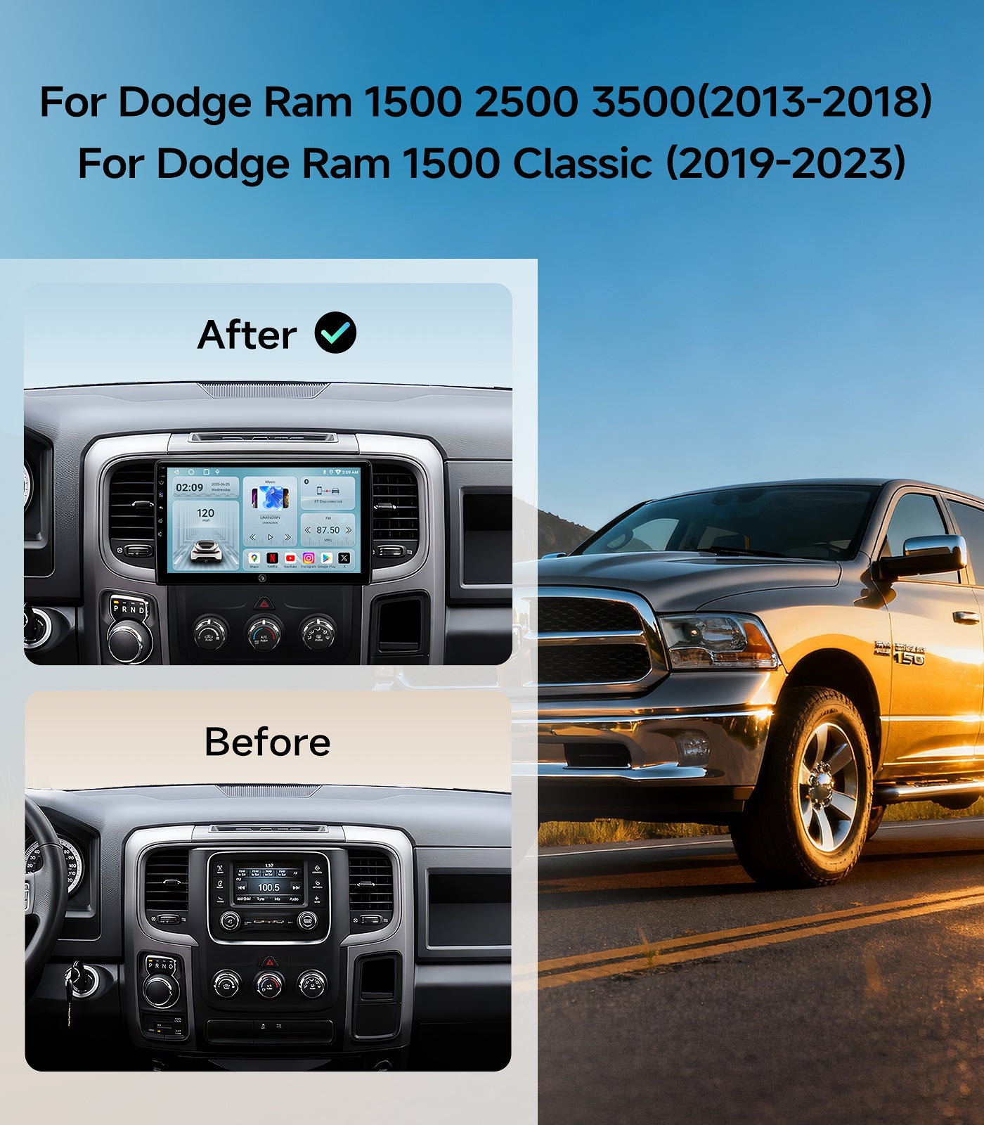 10.2inch Car Stereo Radio for Dodge Ram Pickup 1500 2500 3500 2013 2014 2015 2016 2017 2018 with Wireless carplay/Android auto/Touchscreen/Android13/GPS Navigation/HD Backup Camera