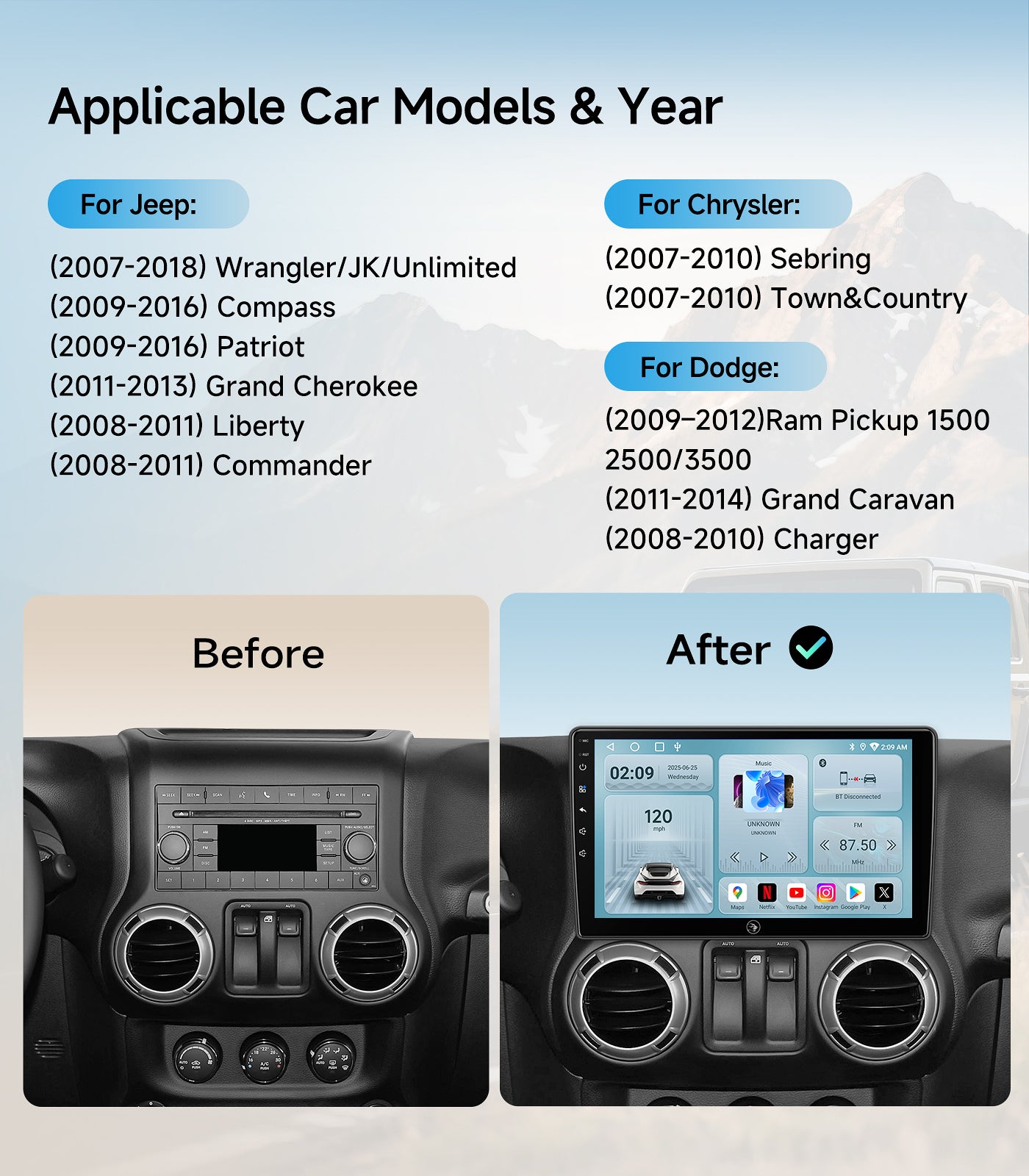 10.2"Full Touch Screen Car Radio Stereo for Jeep Wrangler JK Compass Grand Cherokee Dodge