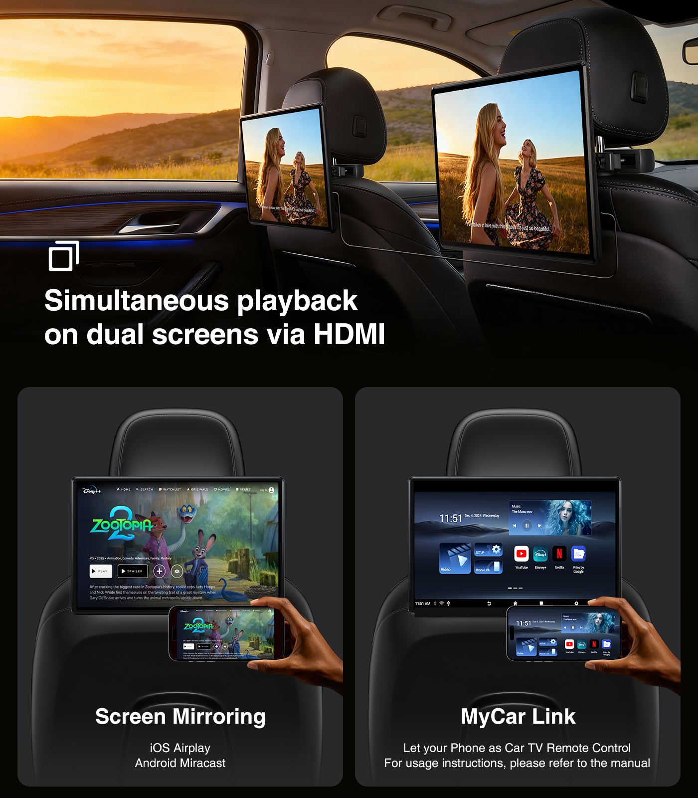 16" Car TV Headrest Monitor for Cars Back seat Universal Rear Entertainment System, Support Phone Wireless Mirror Link Touch Screen 4K,with WiFi/Bluetooth/HDMI/USB/Video Player