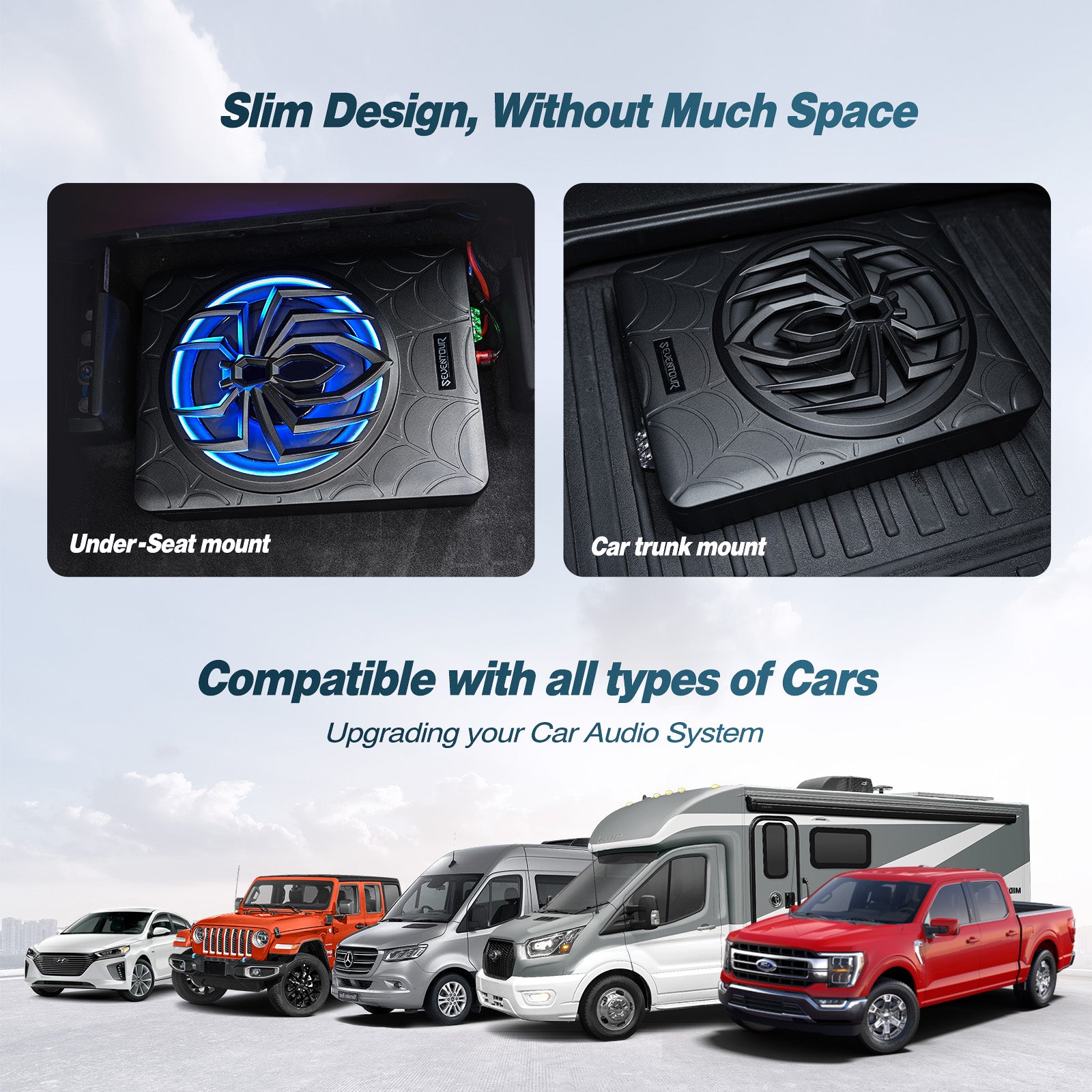 10" 1000W Slim Under Seat Powered Car Subwoofer, Car/Truck Audio Sub Built in Amplifier Combo, with Colorful LED Ambient Lights
