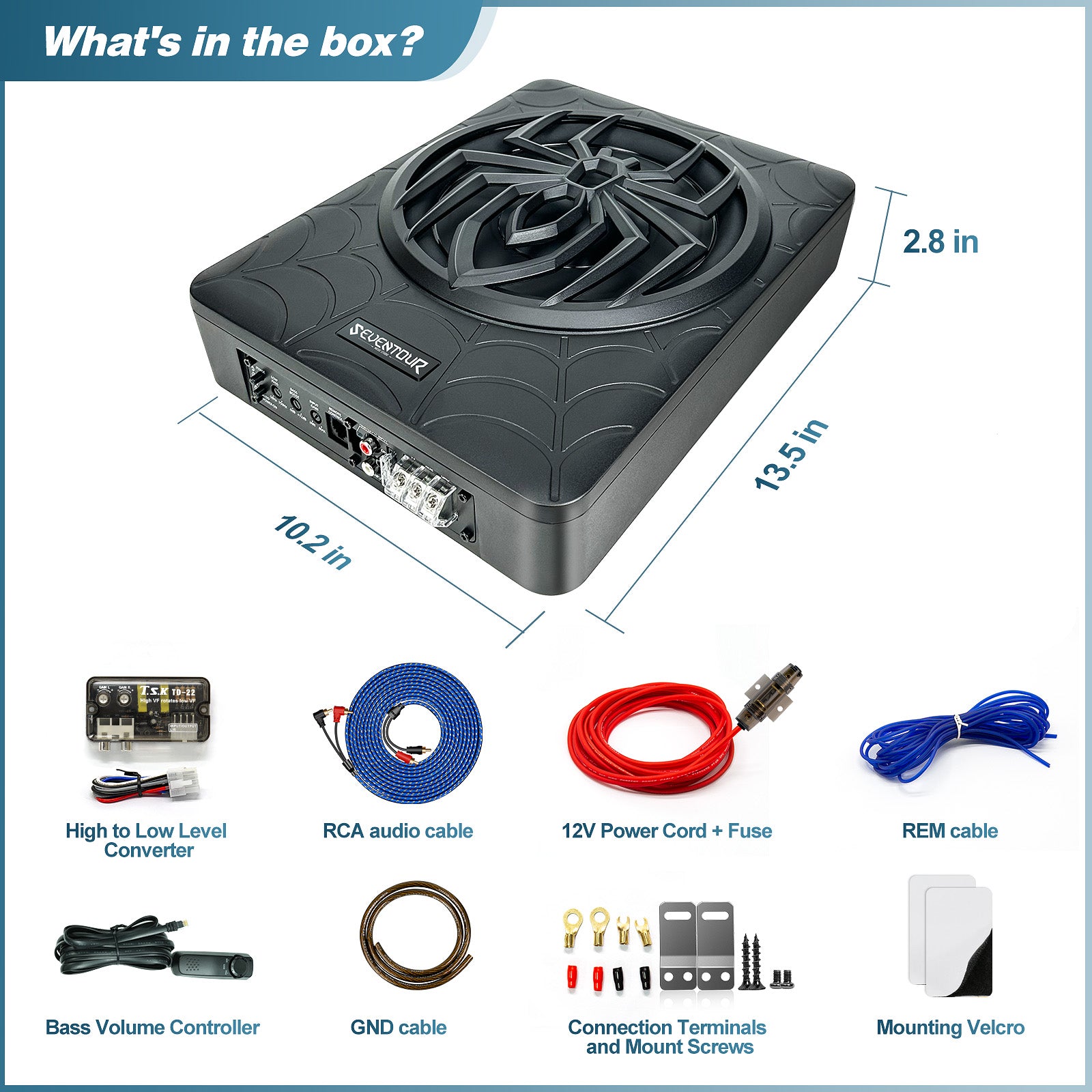 10" 1000W Slim Under Seat Powered Car Subwoofer, Car/Truck Audio Sub Built in Amplifier Combo, with Colorful LED Ambient Lights