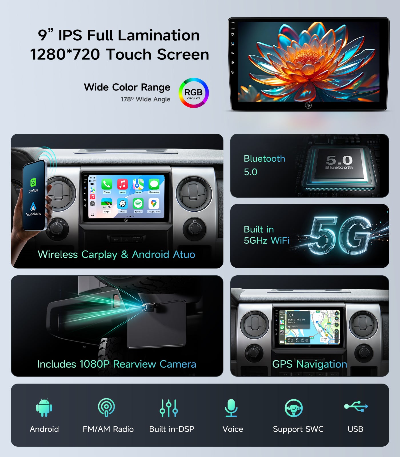 9 Inch Android Car Radio Stereo for Ford F150 2009-2012 - Wireless CarPlay & Android Auto, 5G WiFi GPS Navigation, Bluetooth Touchscreen with Backup Camera