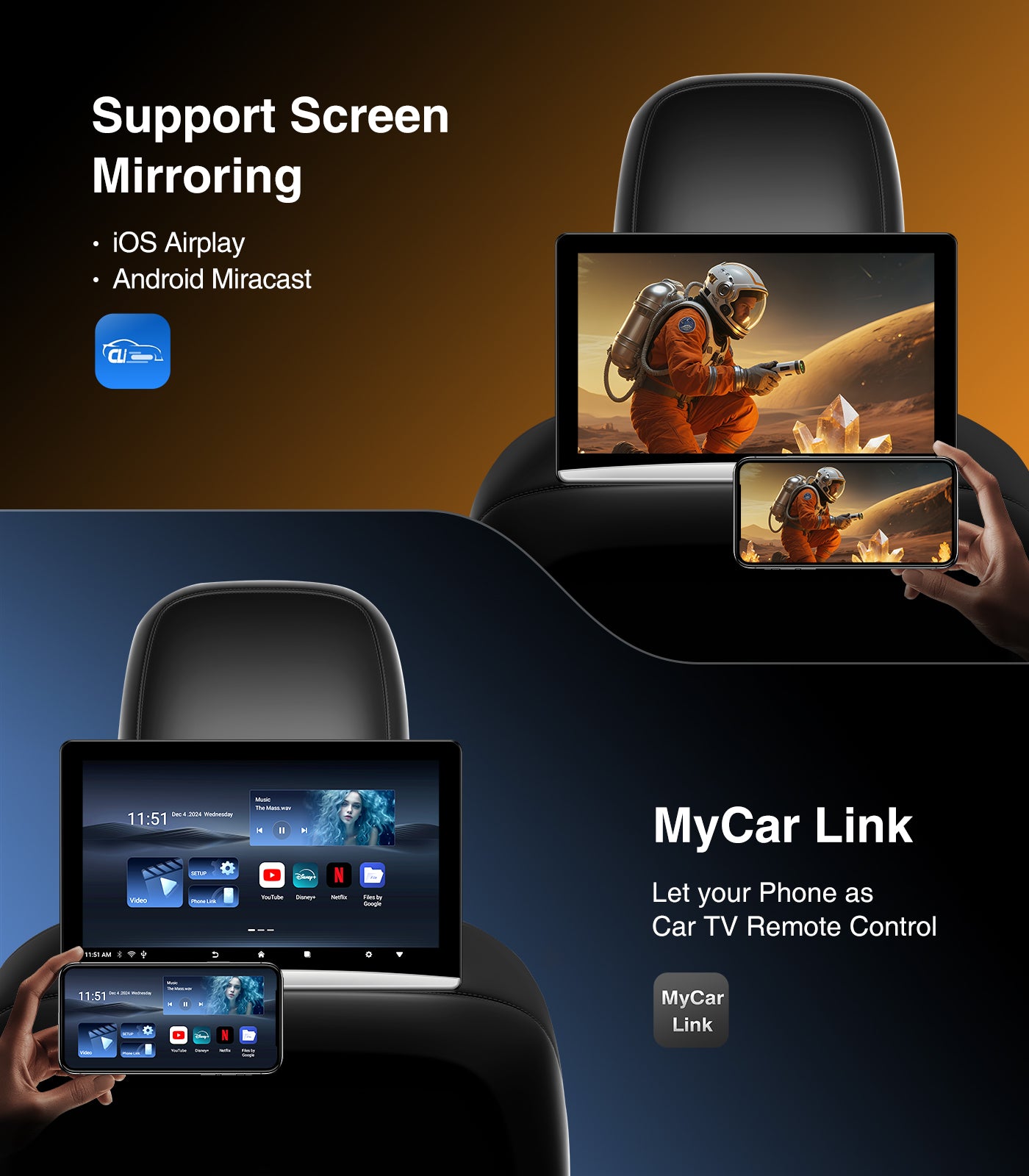 10.8" Android 13 Car TV Headrest Monitor - 5G WiFi Touch Screen Tablet, Supports Phone Mirroring, HDMI in/Out, Bluetooth, USB/SD, Backseat Video Player