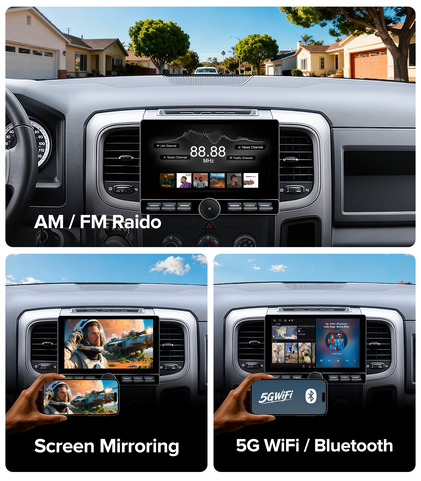 for Dodge 1500/2500/3500 Ram Radio 2013-2018 | Manual/Auto AC |Wireless CarPlay Android Auto| Single Knob Keybutton QLED Touch Screen Car Stereo