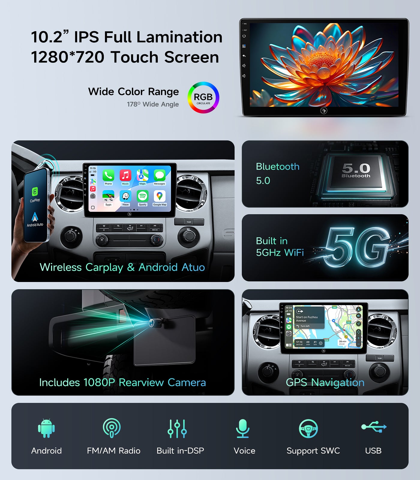 Car Radio Stereo Upgrade for Ford F150(2004-2008) F250/F350/450/550(2008-2016) E150/250/350cargo/ECONOLINE Van(2009-2016) FOCUSFUSION(2005-2007) with Android13/5G WiFi/Wireless CarPlay/Android Auto