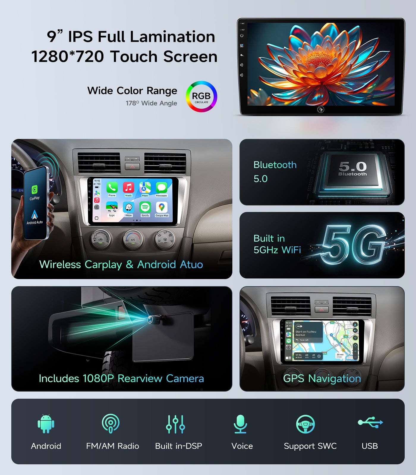 5G WiFi Android 13 Car Stereo for Toyota Camry 2006 2007 2008 2009 2010 2011, 9 Inch IPS HD Touch Screen Car Radio Wireless CarPlay Android Auto, GPS FM/SWC Bluetooth 1080P Backup Camera