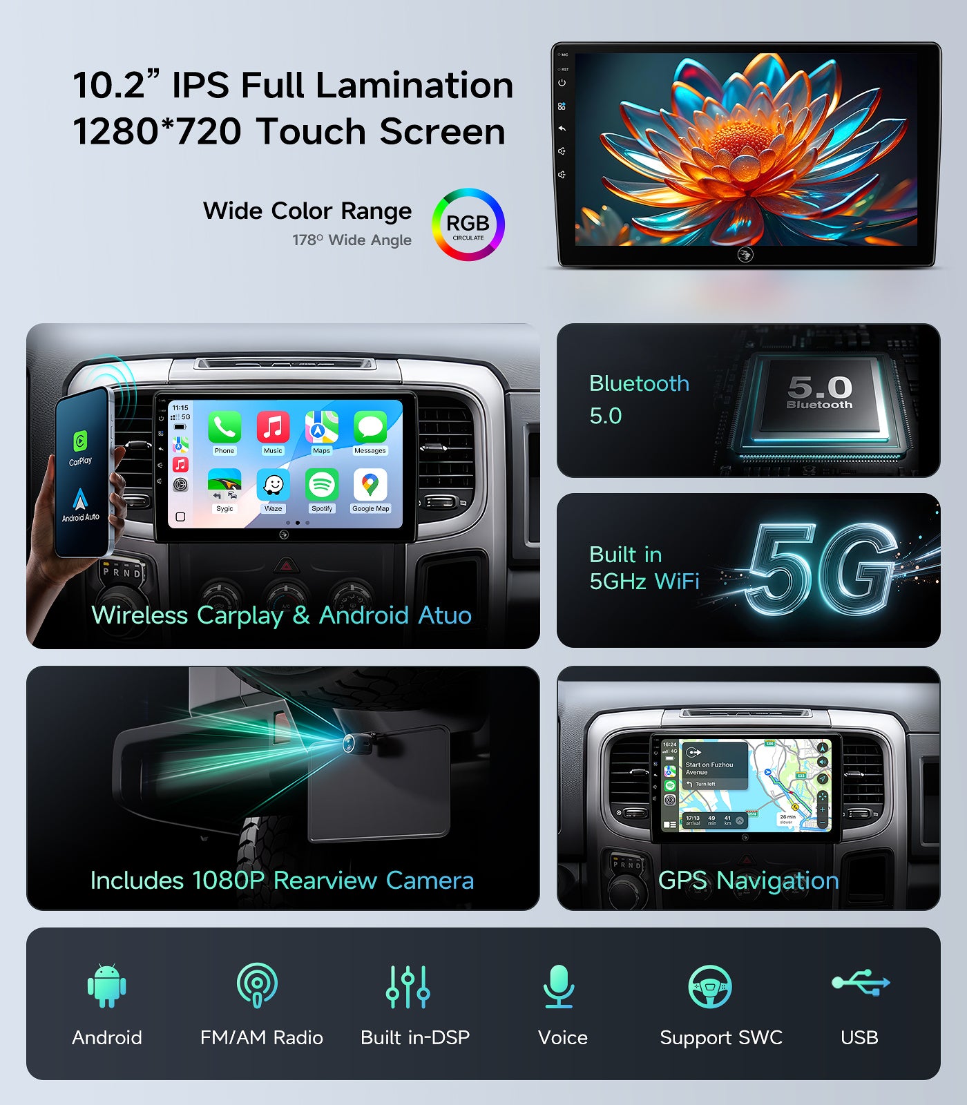 10.2"Full Touch Screen Car Stereo for Dodge Ram Pickup 1500 2500 3500 2013-2018