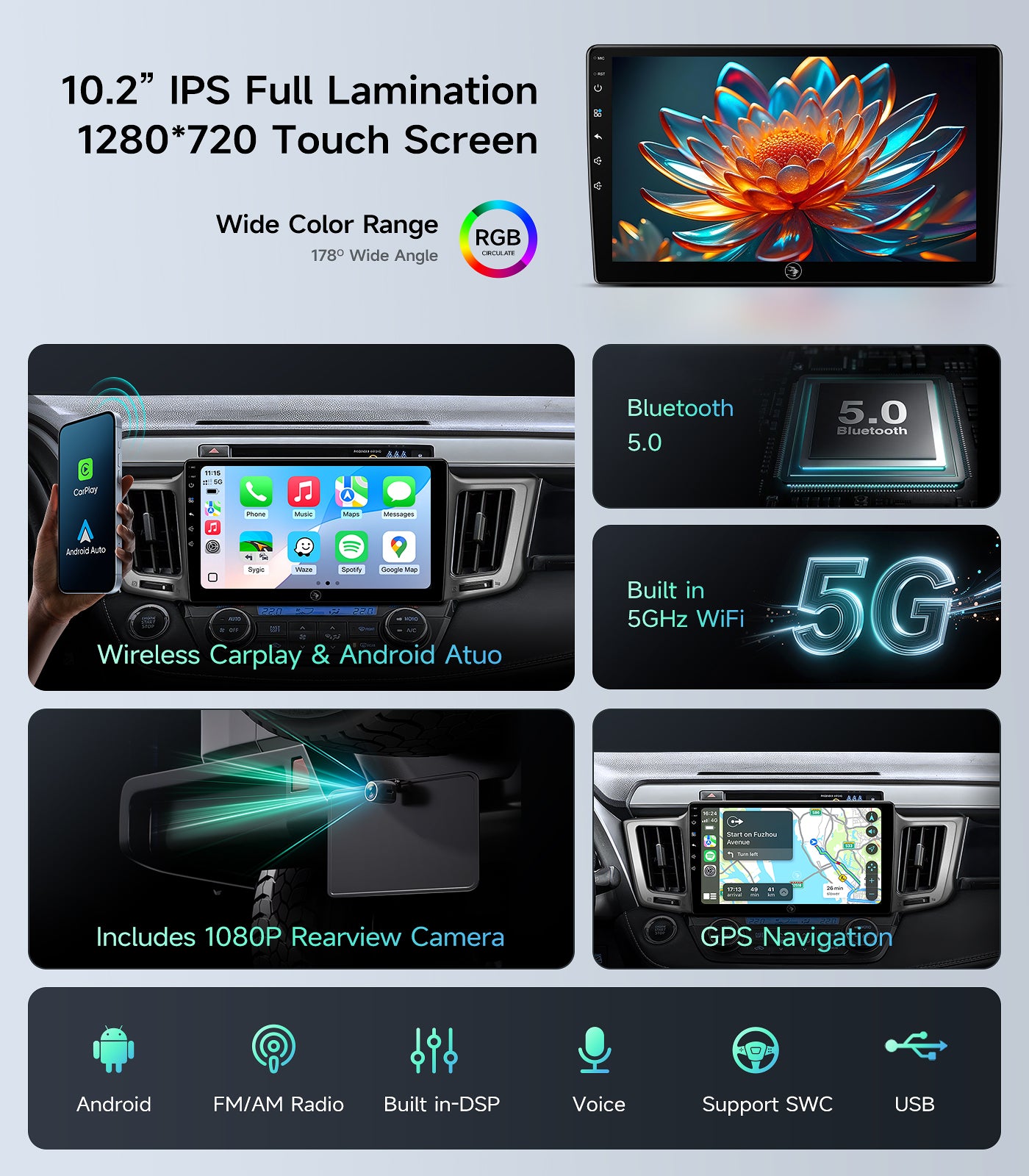 10.2" Car Radio Stereo for Toyota RAV4 2013-2018 - Wireless CarPlay & Android Auto | IPS HD 5G WiFi Touchscreen | GPS Navigation | Bluetooth FM with SWC | HD Backup Camera
