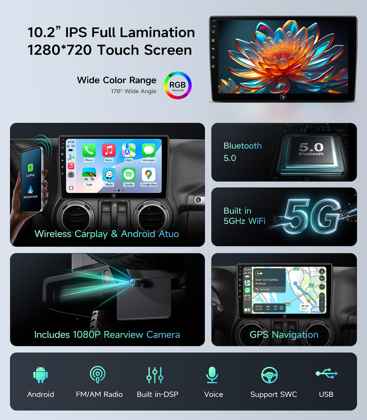 Car Radio for Jeep Wrangler JK Compass Grand Cherokee Dodge Ram Upgrade Stereo Wireless CarPlay Android Auto Touch Screen/Android13/Bluetooth/GPS Navigation/HD Backup Camera