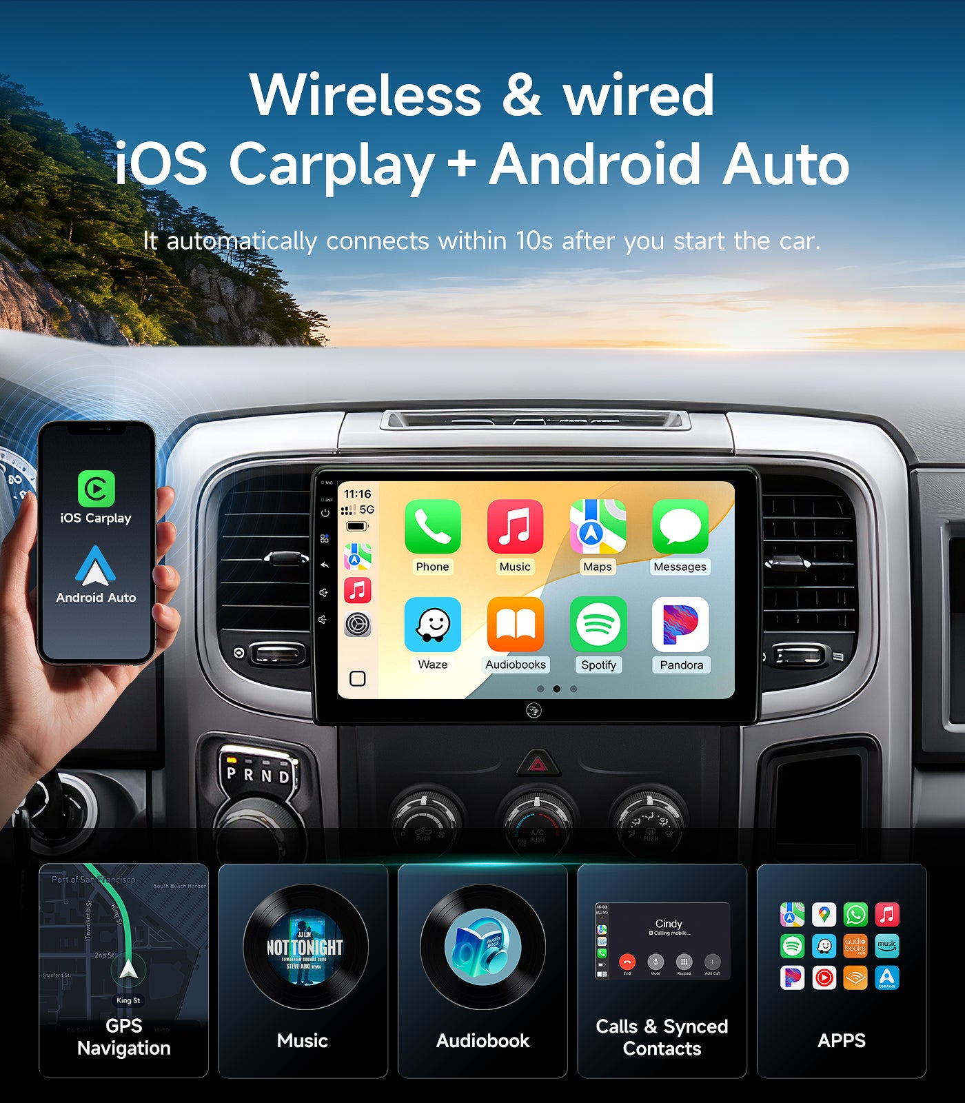 10.2inch Car Stereo Radio for Dodge Ram Pickup 1500 2500 3500 2013 2014 2015 2016 2017 2018 with Wireless carplay/Android auto/Touchscreen/Android13/GPS Navigation/HD Backup Camera