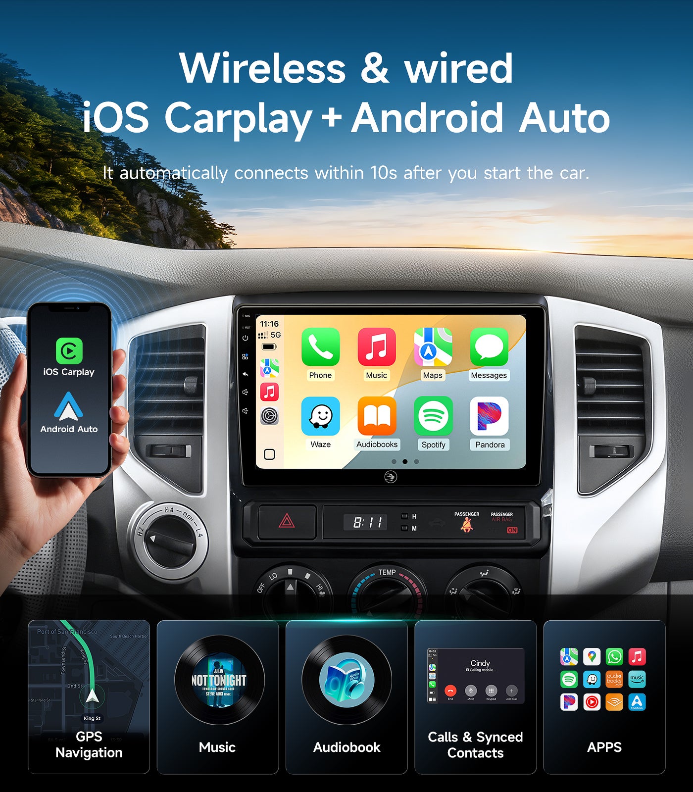 9" Car Stereo Radio for Toyota Tacoma 2005-2015 | Wireless CarPlay Android Auto | 5G WiFi GPS Navigation | IPS HD Touchscreen | Bluetooth/FM/SWC | Plug & Play with 1080P Backup Camera