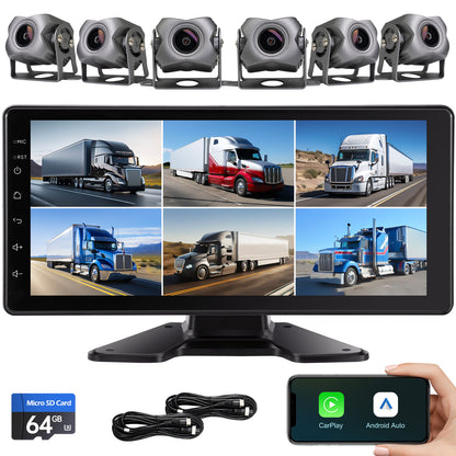 6-Channel 1080P Dash Cam Backup Camera System with 10.33 Inch Touch Screen Parking Monitor, Back Up Camera Car Radio for RV/Truck/Trailer/Van/SUV/Cars,Wireless Carplay/Android Auto/WiFi/Bluetooth/FM