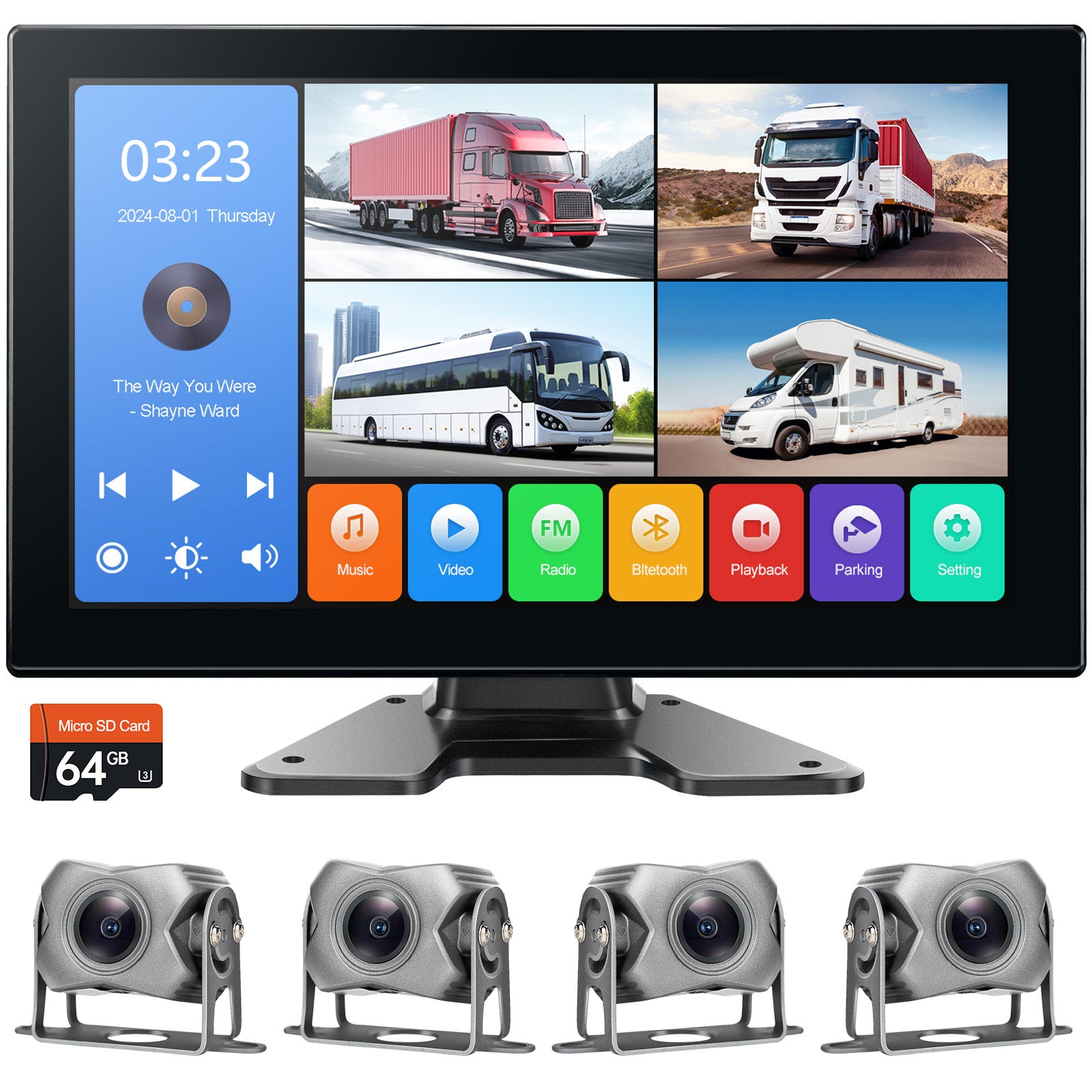 4 Channel 1080p Backup Camera Dash Cam for RV/Truck/Trailer/Van/SUV/Cars,10.2 Inch Touch Screen Quad Split Parking Monitor with DVR Recording/Playback/Bluetooth/FM Radio/Music/Video Player