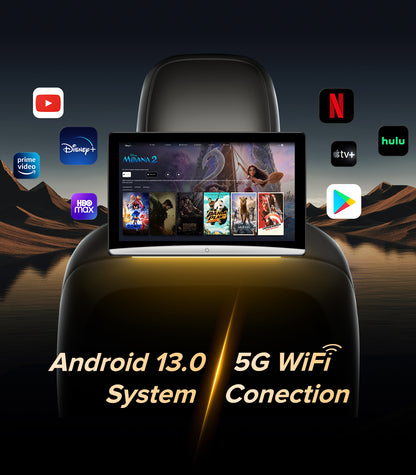 10.8" Android 13 Car TV Headrest Monitor - 5G WiFi Touch Screen Tablet, Supports Phone Mirroring, HDMI in/Out, Bluetooth, USB/SD, Backseat Video Player