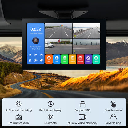 4 Channel 1080p Backup Camera Dash Cam for RV/Truck/Trailer/Van/SUV/Cars,10.2 Inch Touch Screen Quad Split Parking Monitor with DVR Recording/Playback/Bluetooth/FM Radio/Music/Video Player