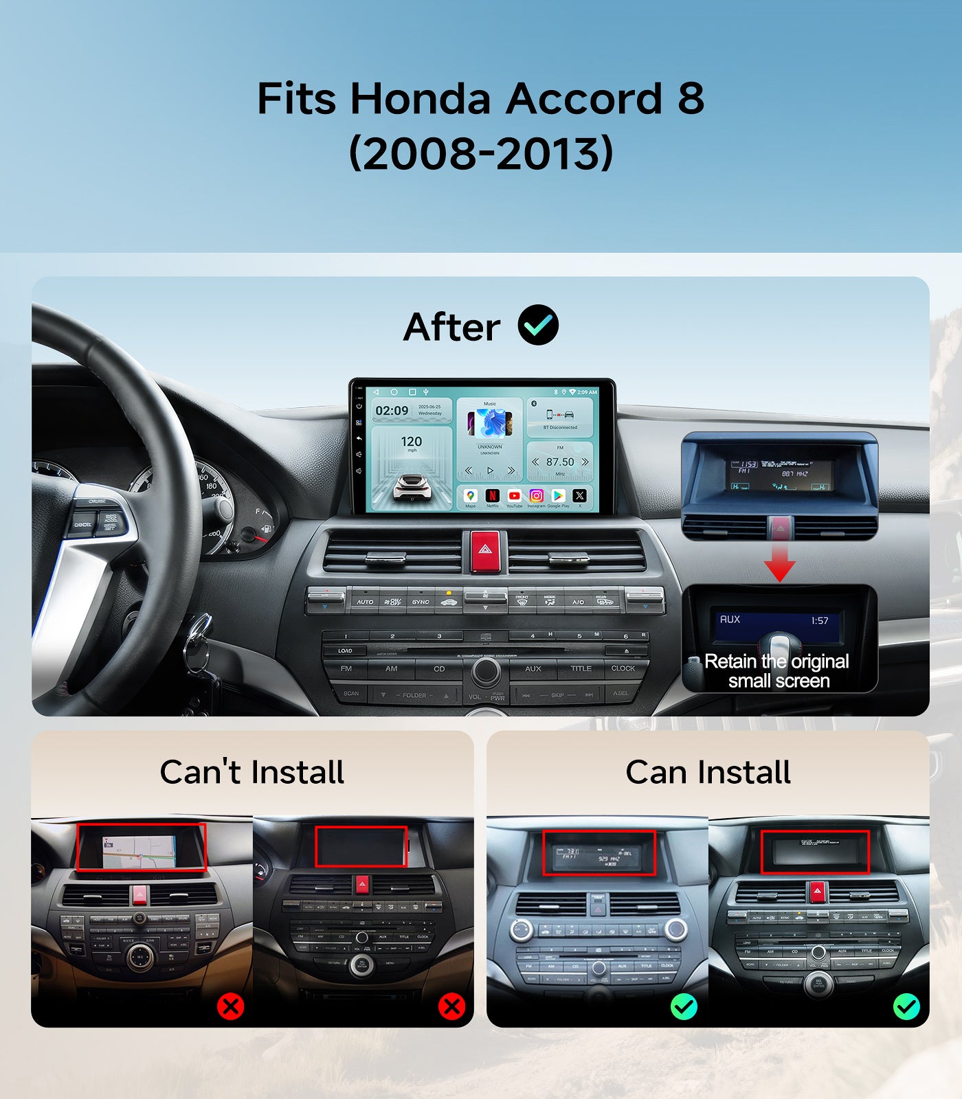 5G WiFi Car Stereo for Honda Accord 2008 2009 2010 2011 2012 2013 10.2 Inch IPS HD Touch Screen Car Radio Wireless CarPlay Android Auto, GPS FM/SWC Bluetooth 1080P Backup Camera