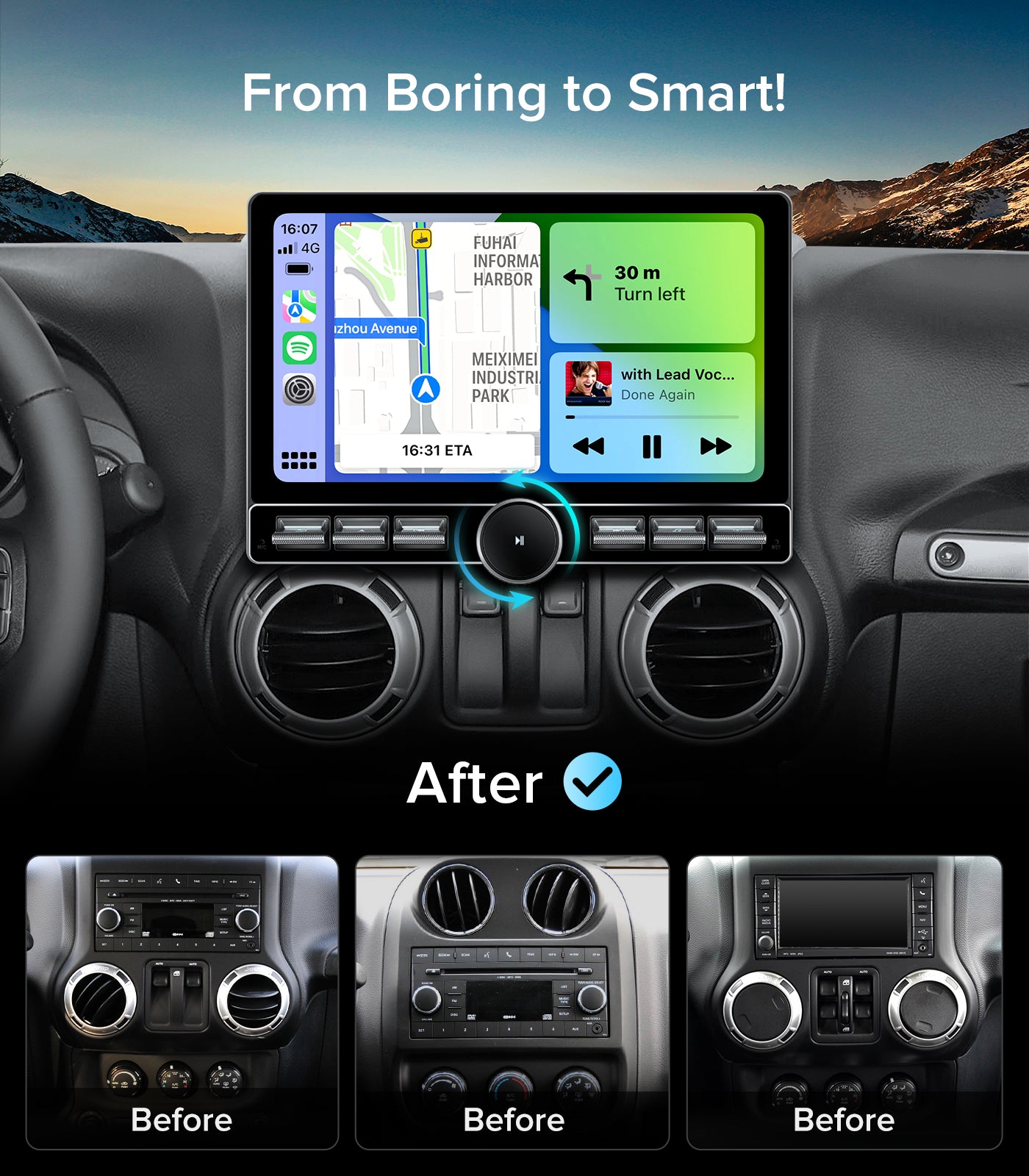 for Jeep Wrangler JK Head Unit Dodge Ram 1500 Radio | Wireless CarPlay Android Auto QLED Touch Screen Car Stereo | Single Knob Keybutton| AM/FM |Steering Wheel Control