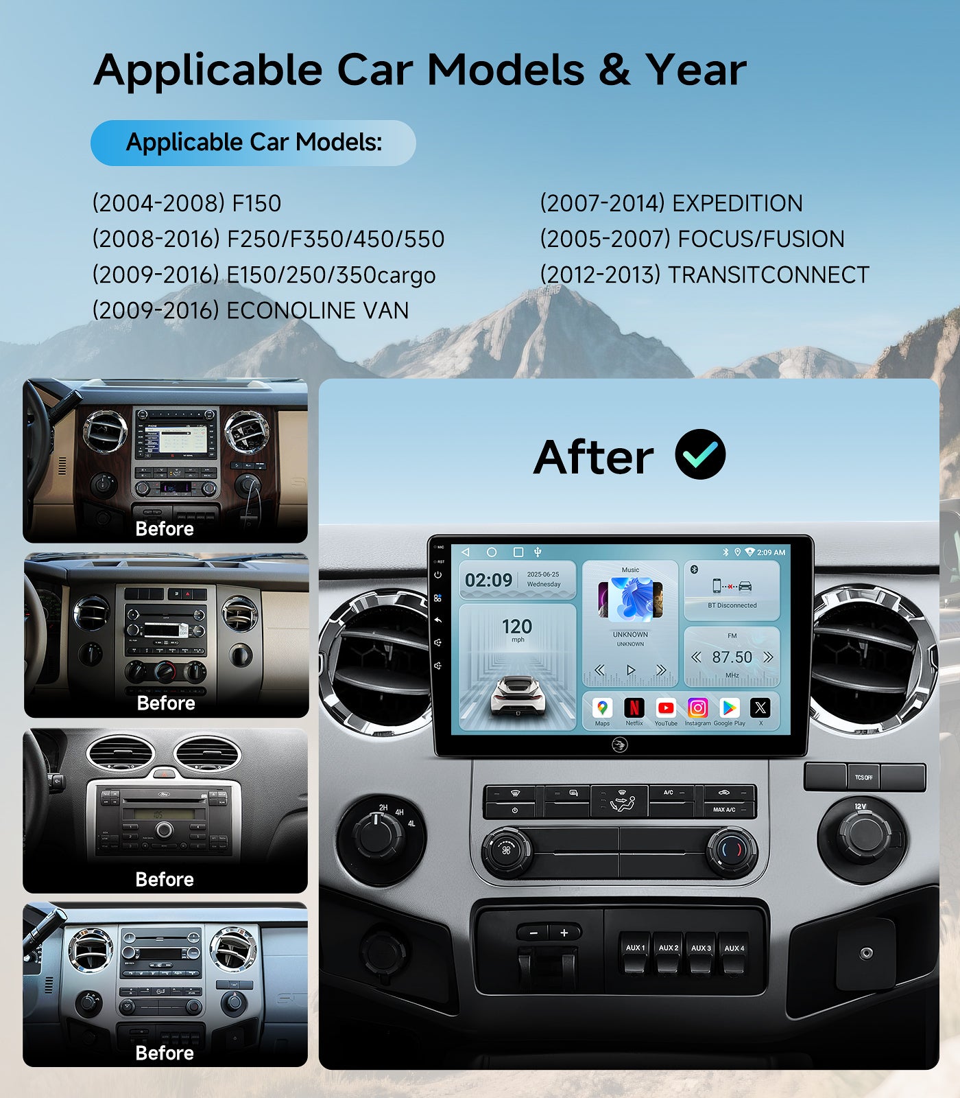 Car Radio Stereo Upgrade for Ford F150(2004-2008) F250/F350/450/550(2008-2016) E150/250/350cargo/ECONOLINE Van(2009-2016) FOCUSFUSION(2005-2007) with Android13/5G WiFi/Wireless CarPlay/Android Auto