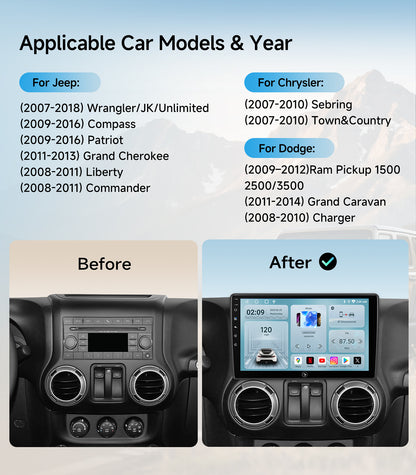 Car Radio for Jeep Wrangler JK Compass Grand Cherokee Dodge Ram Upgrade Stereo Wireless CarPlay Android Auto Touch Screen/Android13/Bluetooth/GPS Navigation/HD Backup Camera