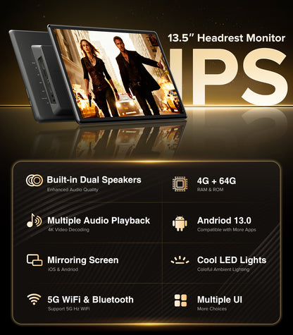 13.5" Android Car TV Headrest Monitor for Back Seat,Portable Rear Entertainment System Support Phone Wireless Mirroring 5G WiFi/HDMI/USB/Sync Touchscreen Video Players