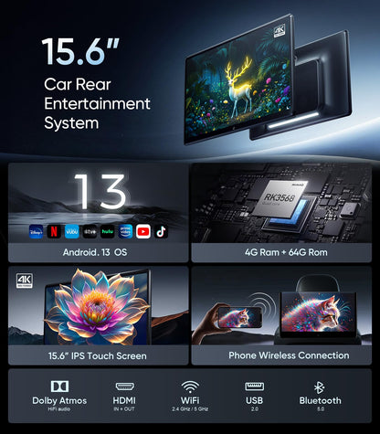 15.6 inch 4K Android.13 Car TV Headrest Monitor for Cars Back seat Rear Entertainment System, Support Phone Wireless Mirror Link Touch Screen,with WiFi/Bluetooth/HDMI/USB/Video Player
