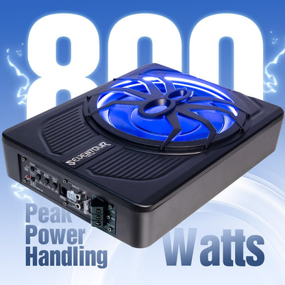 10" Upgrade 800W Slim Under Seat Powered Car Subwoofer, Car/Truck Audio Sub Built in Amplifier amp Combo Package, with Blue LED Light