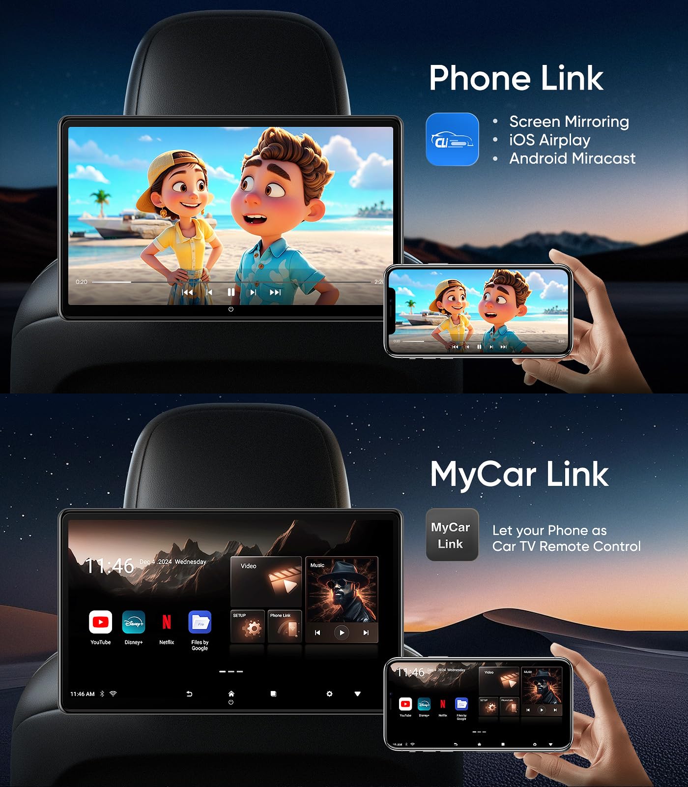 15.6 inch 4K Android.13 Car TV Headrest Monitor for Cars Back seat Rear Entertainment System, Support Phone Wireless Mirror Link Touch Screen,with WiFi/Bluetooth/HDMI/USB/Video Player