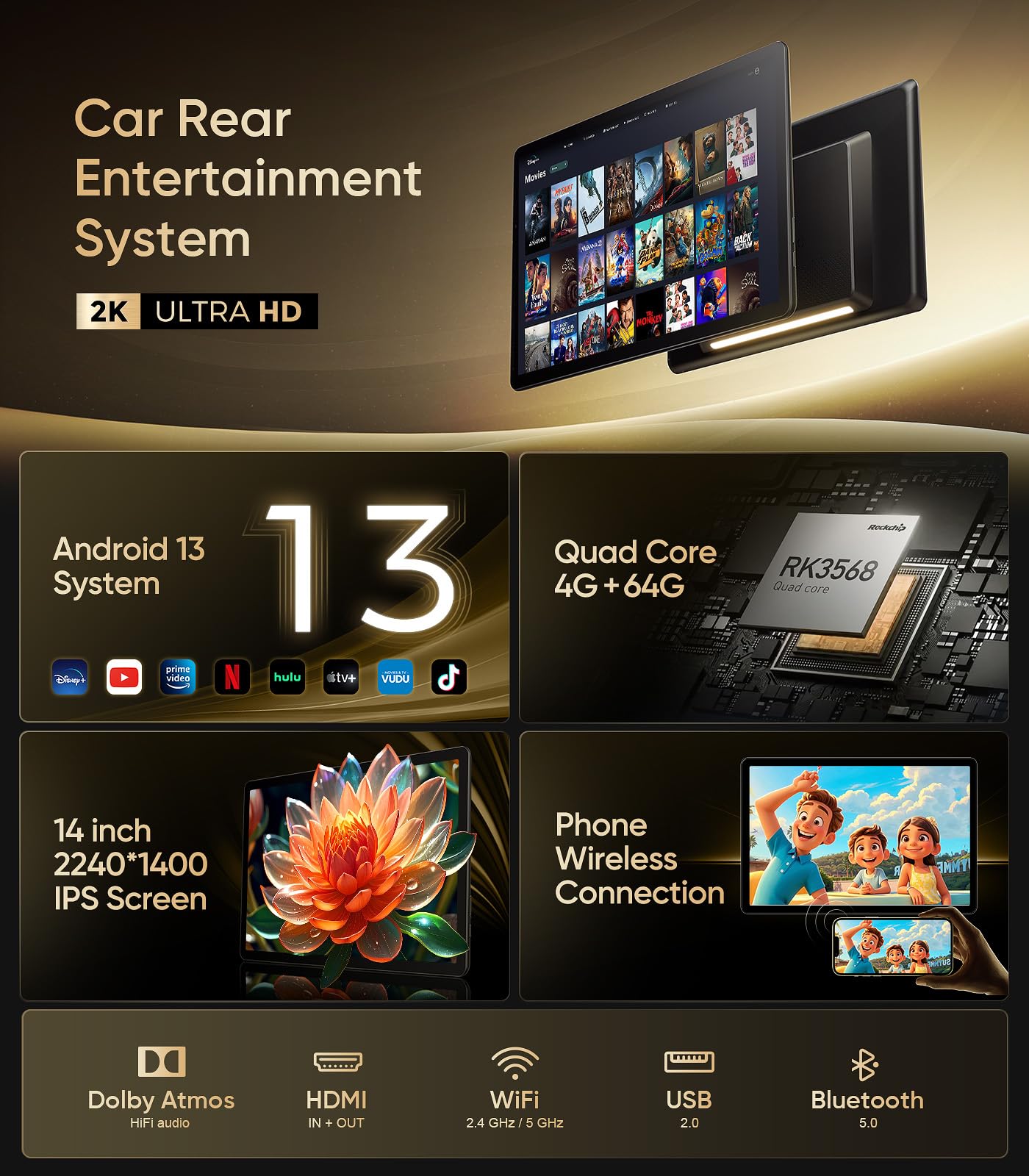 14" Android13 Car Headrest Monitor for Back Seat