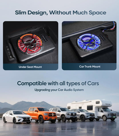 10" 1200W Slim Under Seat Powered Car Subwoofer, Car/Truck Audio Sub Built in Amplifier amp Combo, with LED Ambient Light