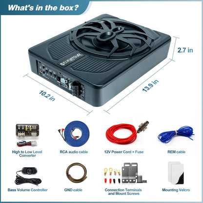 10" Upgrade 800W Slim Under Seat Powered Car Subwoofer, Car/Truck Audio Sub Built in Amplifier amp Combo Package, with Blue LED Light