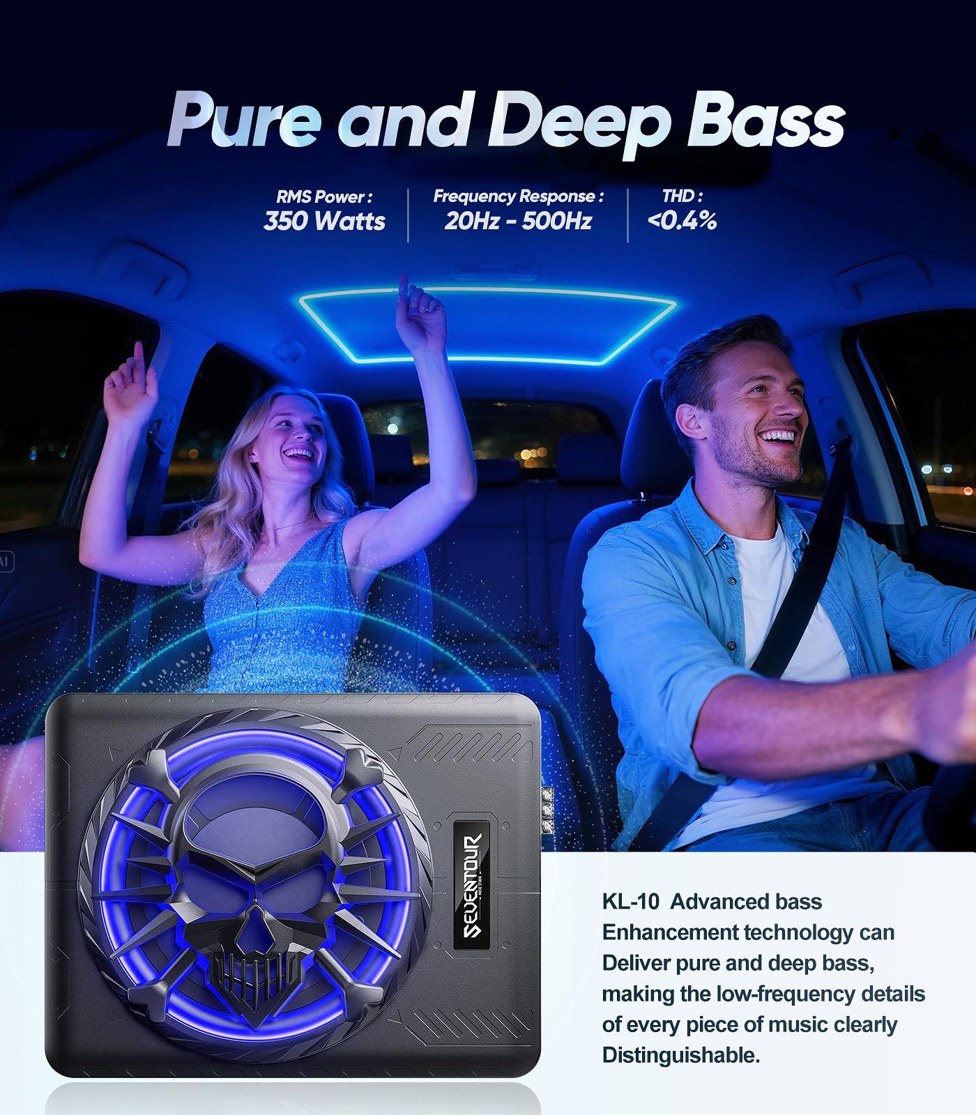 10" 1200W Slim Under Seat Powered Car Subwoofer, Car/Truck Audio Sub Built in Amplifier amp Combo, with LED Ambient Light