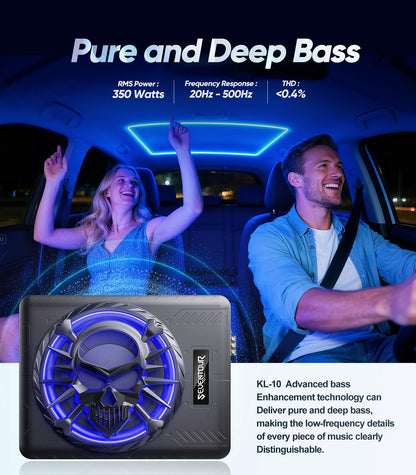 10" 1200W Slim Under Seat Powered Car Subwoofer, Car/Truck Audio Sub Built in Amplifier amp Combo, with LED Ambient Light