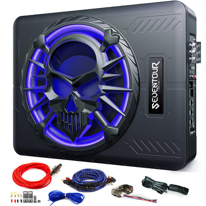 10" 1200W Slim Under Seat Powered Car Subwoofer, Car/Truck Audio Sub Built in Amplifier amp Combo, with LED Ambient Light