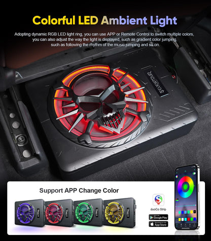 10" 1200W Slim Under Seat Powered Car Subwoofer, Car/Truck Audio Sub Built in Amplifier amp Combo, with LED Ambient Light