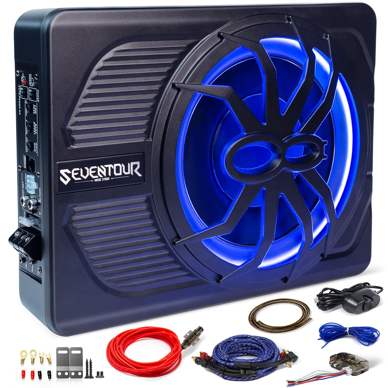 10" Upgrade 800W Slim Under Seat Powered Car Subwoofer, Car/Truck Audio Sub Built in Amplifier amp Combo Package, with Blue LED Light