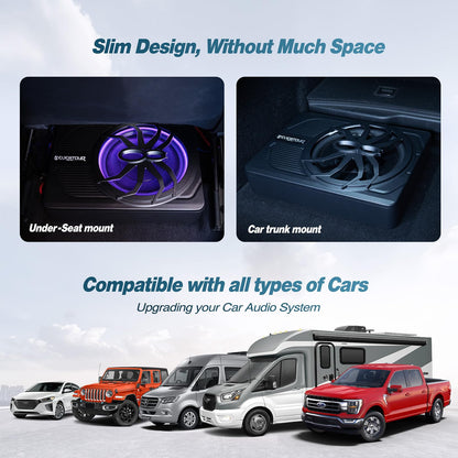 10" Upgrade 800W Slim Under Seat Powered Car Subwoofer, Car/Truck Audio Sub Built in Amplifier amp Combo Package, with Blue LED Light