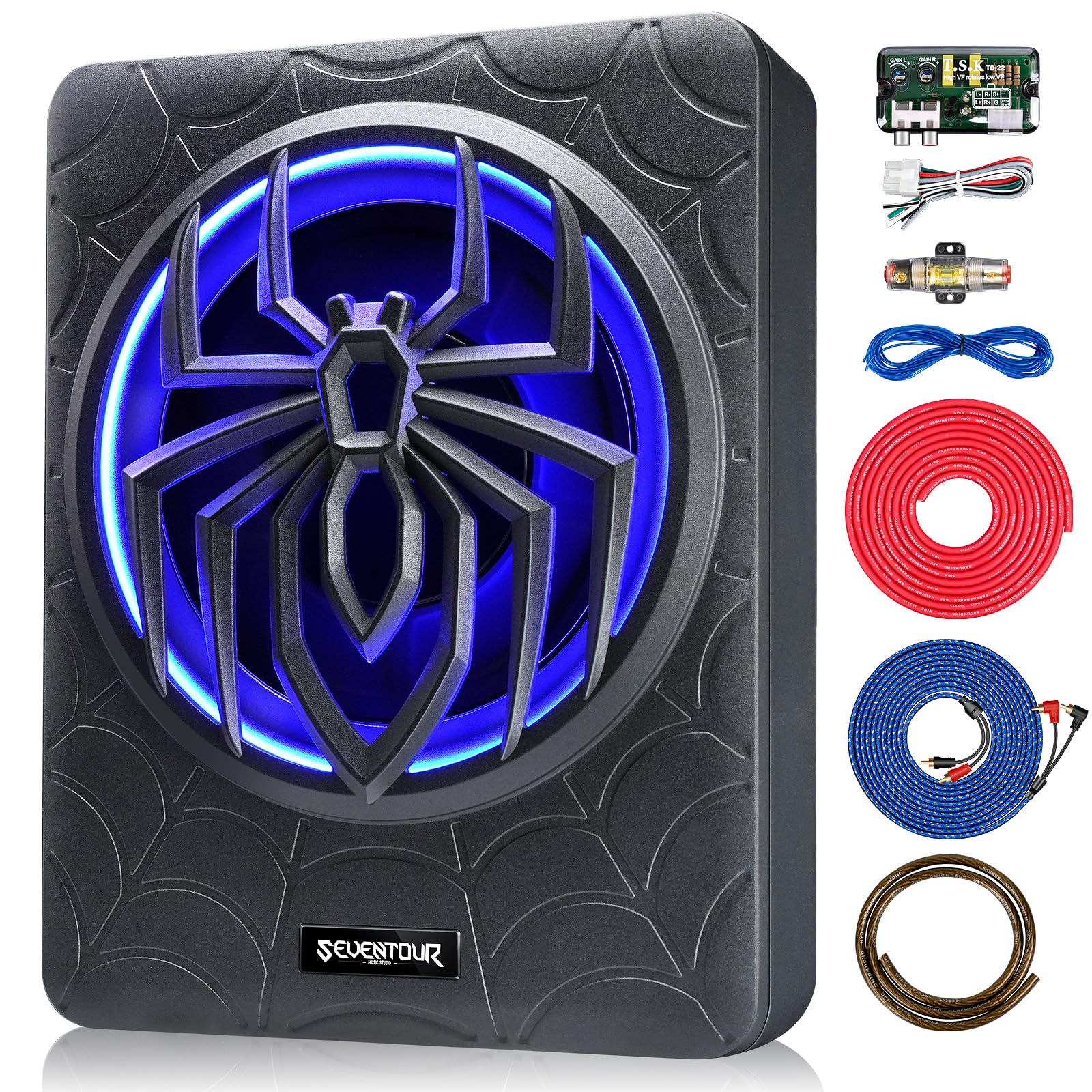 10" 1000W Slim Under Seat Powered Car Subwoofer, Car/Truck Audio Sub Built in Amplifier amp Combo, with Blue LED Light