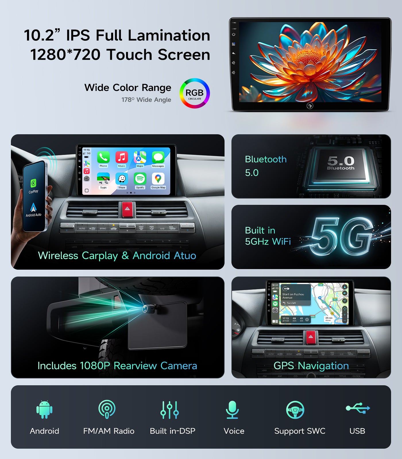 5G WiFi Car Stereo for Honda Accord 2008 2009 2010 2011 2012 2013 10.2 Inch IPS HD Touch Screen Car Radio Wireless CarPlay Android Auto, GPS FM/SWC Bluetooth 1080P Backup Camera