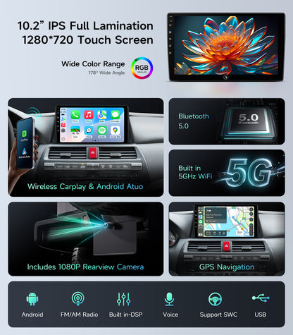 5G WiFi Car Stereo for Honda Accord 2008 2009 2010 2011 2012 2013 10.2 Inch IPS HD Touch Screen Car Radio Wireless CarPlay Android Auto, GPS FM/SWC Bluetooth 1080P Backup Camera