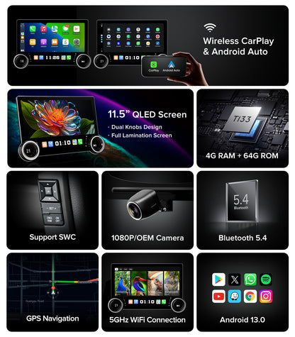 for Jeep Wrangler JK Head Unit Dodge Ram1500 Radio | 11.5" Dual Knob | Wireless CarPlay Android Auto | QLED Touch Screen Car Stereo| AM/FM |Steering Wheel Control