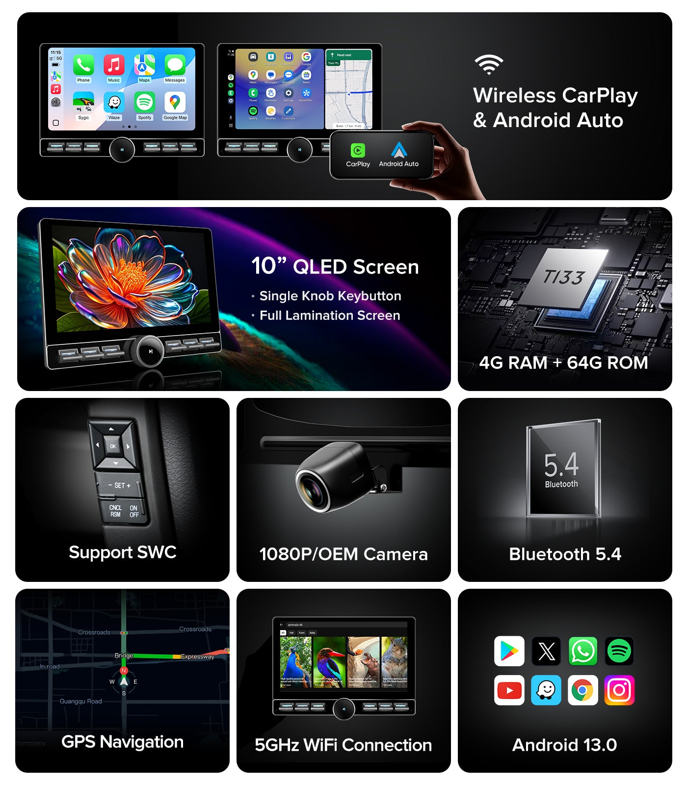 for Jeep Wrangler JK Head Unit Dodge Ram 1500 Radio | Wireless CarPlay Android Auto QLED Touch Screen Car Stereo | Single Knob Keybutton| AM/FM |Steering Wheel Control