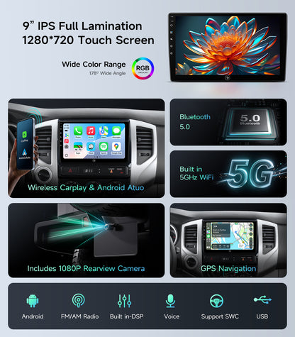 9" Car Stereo Radio for Toyota Tacoma 2005-2015 | Wireless CarPlay Android Auto | 5G WiFi GPS Navigation | IPS HD Touchscreen | Bluetooth/FM/SWC | Plug & Play with 1080P Backup Camera