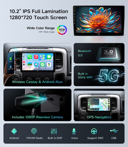 10.2inch Car Stereo Radio for Dodge Ram Pickup 1500 2500 3500 2013 2014 2015 2016 2017 2018 with Wireless carplay/Android auto/Touchscreen/Android13/GPS Navigation/HD Backup Camera