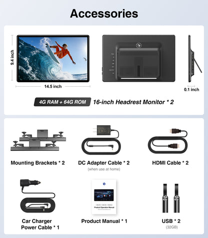 16" Car TV Headrest Monitor for Cars Back seat Universal Rear Entertainment System, Support Phone Wireless Mirror Link Touch Screen 4K,with WiFi/Bluetooth/HDMI/USB/Video Player